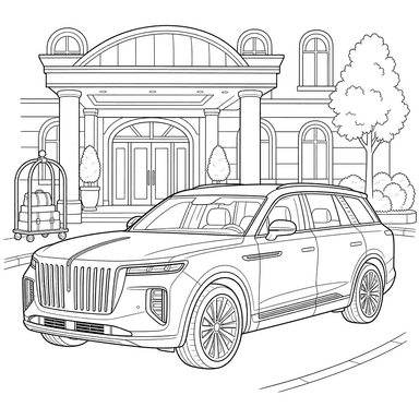 Hongqi E‑HS9 em frente a um hotel — desenho para colorir