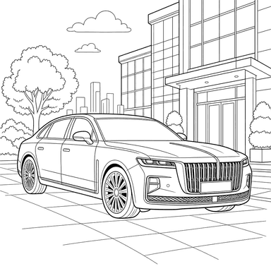 Ausmalbild: Hongqi H9 vor einem Geschäftszentrum