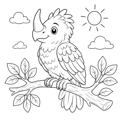 Ausmalbild Nashornvogel auf dem Ast