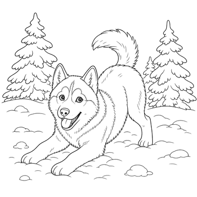 Husky joue dans la neige près des pins