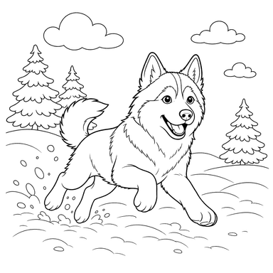 Desenho para colorir: um husky correndo na neve