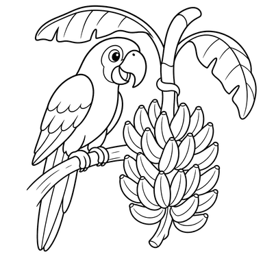 Ara hiyacinto junto a racimo de plátanos — dibujo para colorear