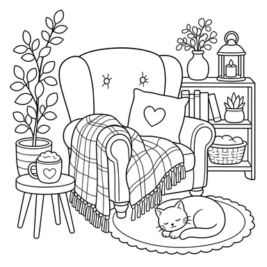 Poltrona hygge com manta — página para colorir