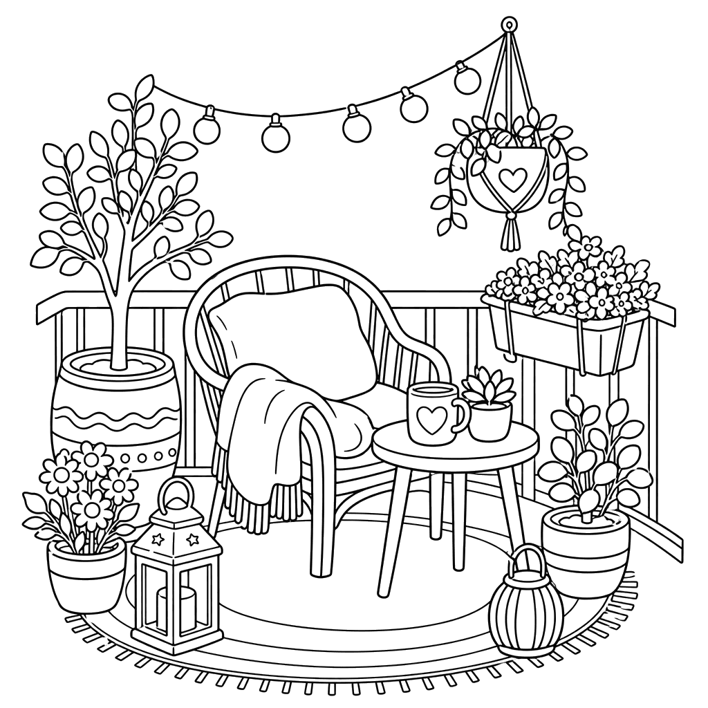 Hygge-Balkon mit Topfpflanzen — Ausmalbild