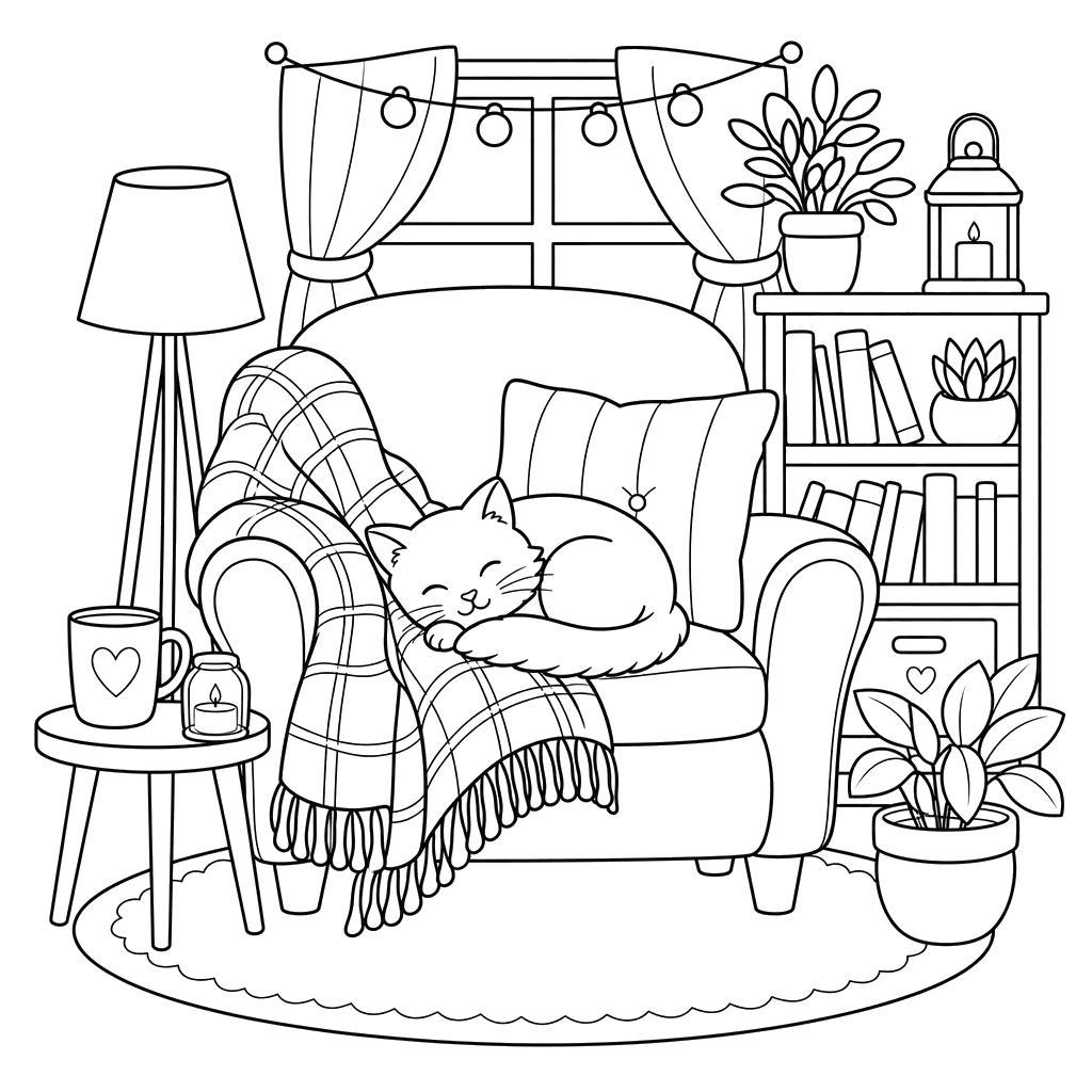 Rincón hygge con manta y gato