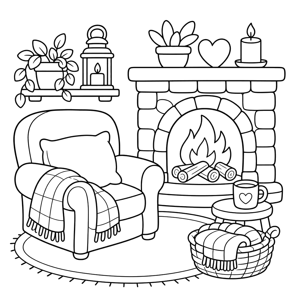 Hygge-Ecke mit Kamin — Ausmalbild