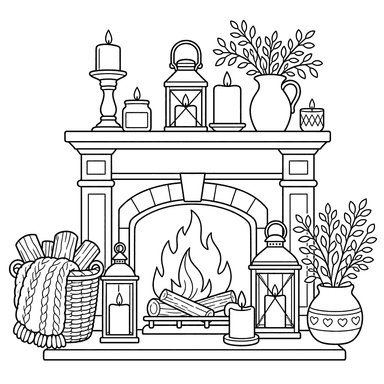 Repisa de chimenea hygge con velas — dibujo para colorear