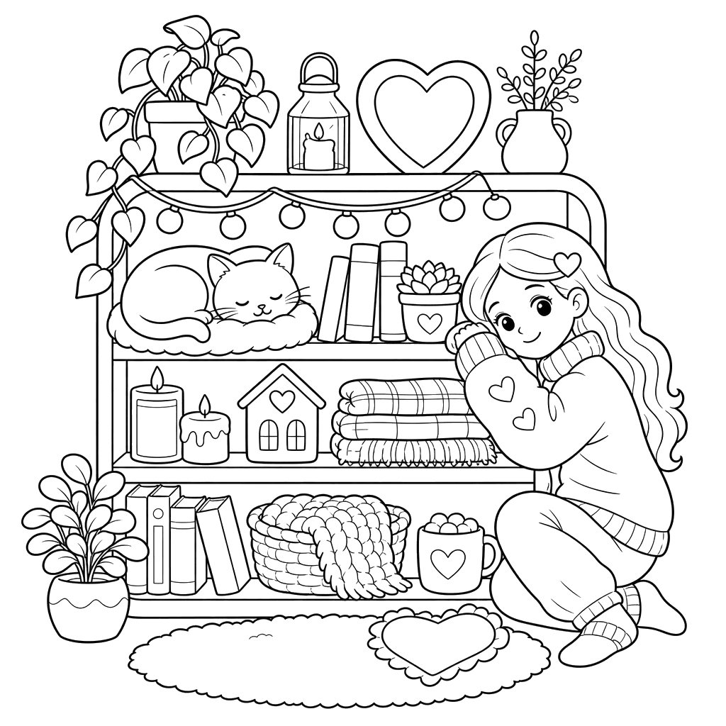 Niña hygge con gato y estantería — dibujo para colorear