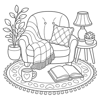 Tapete hygge com xícara e livro — desenho para colorir