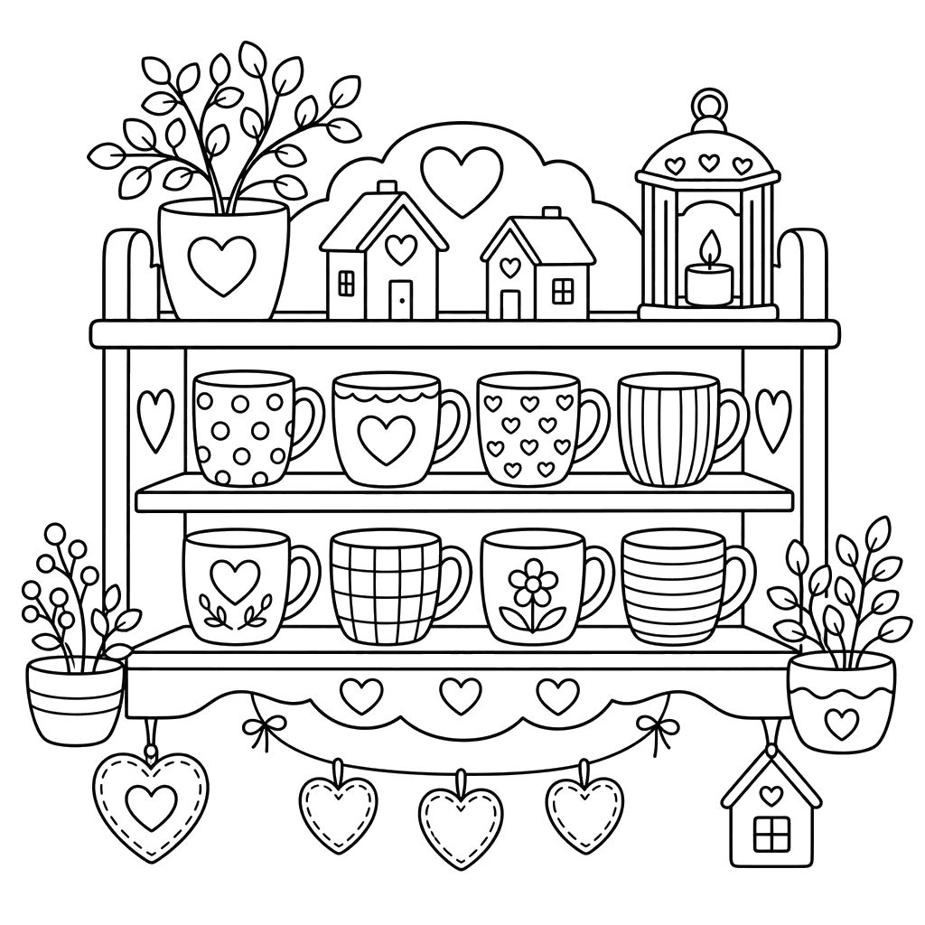 Hygge-Regal mit Tassen – Ausmalbild