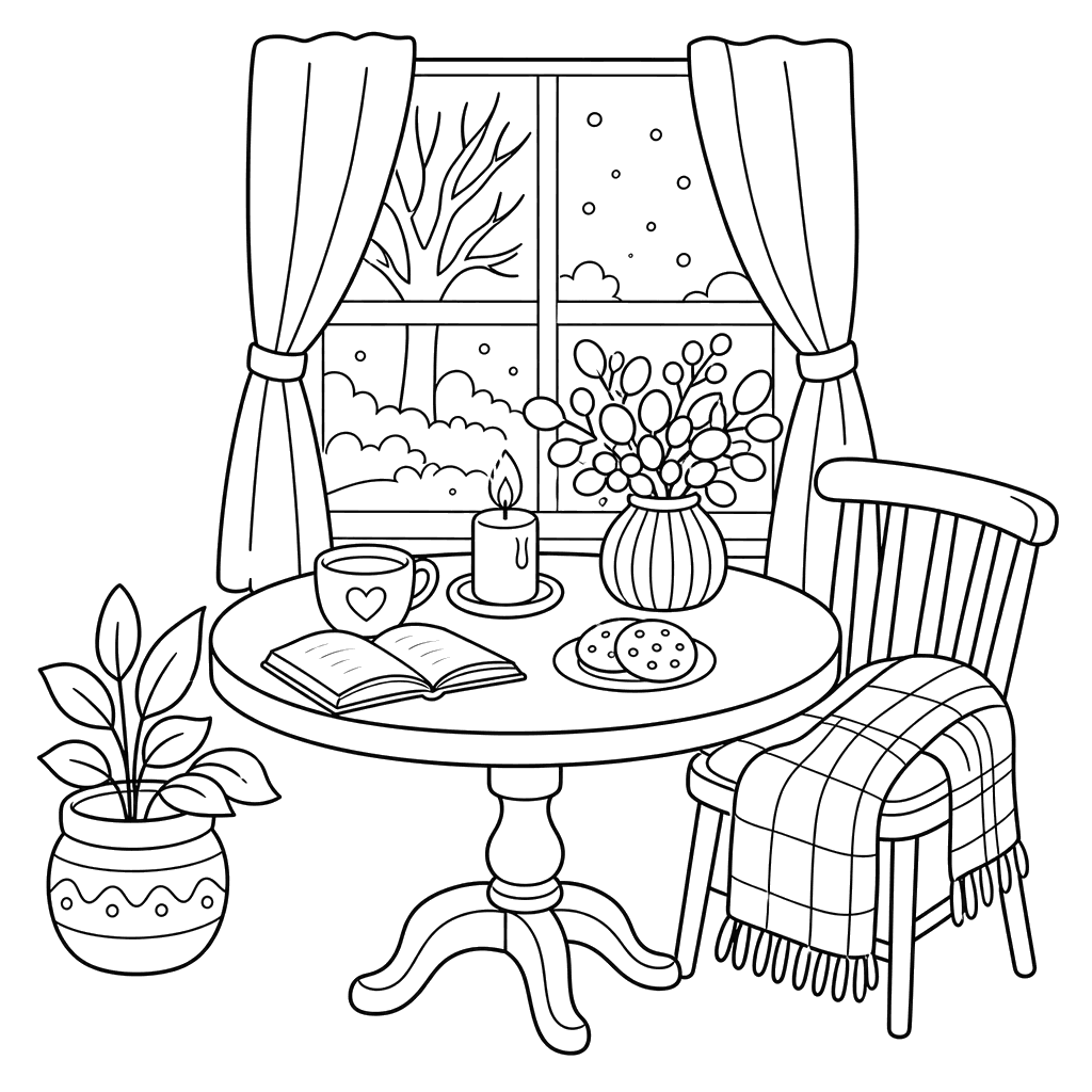 Hygge-Tisch am Fenster Ausmalbild