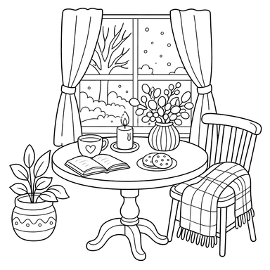 Hygge-Tisch am Fenster Ausmalbild