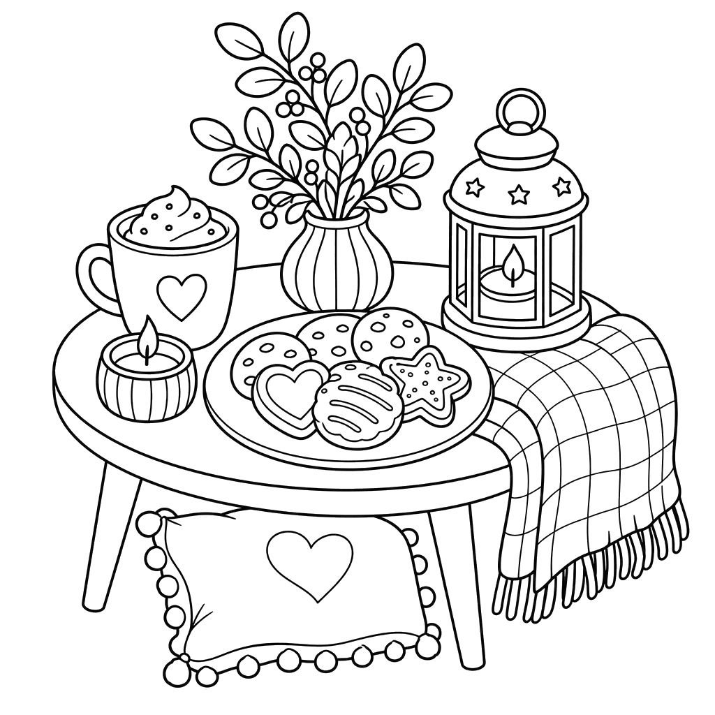 Hygge-Tisch mit Keksen — Ausmalbild