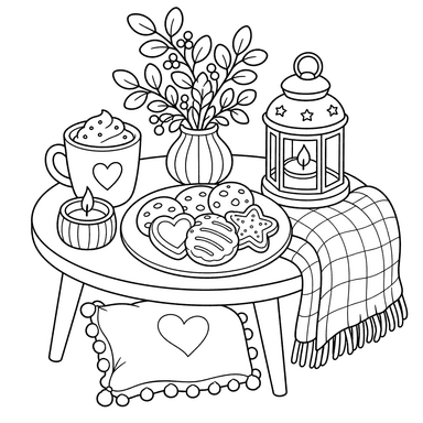 Mesa hygge com biscoitos — desenho para colorir