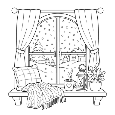 Hygge Window with Falling Snow