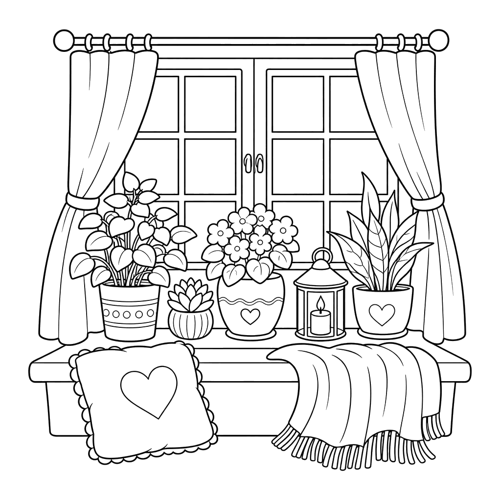 Hygge-Fensterbank mit Blumentöpfen