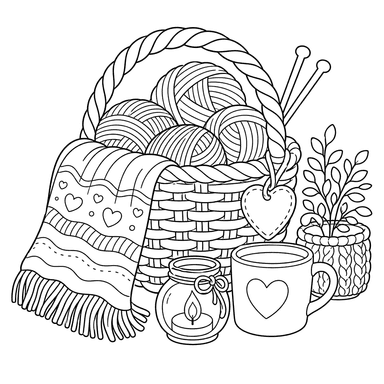 Cesta hygge con ovillos — dibujo para colorear