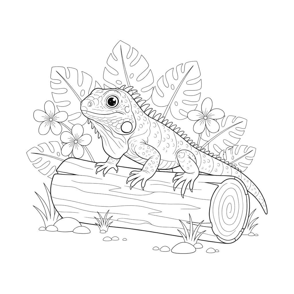 Leguan auf einem Baumstamm Ausmalbild
