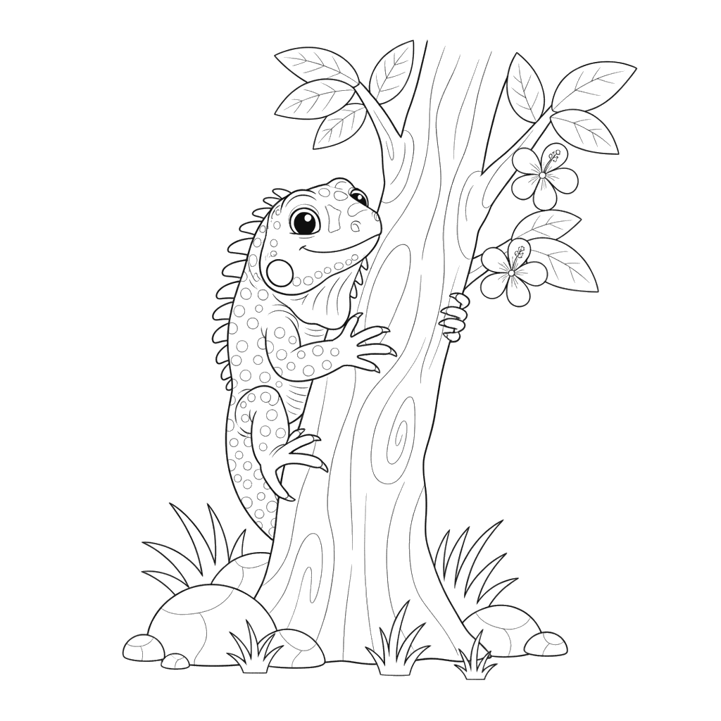 Ausmalbild: Leguan klettert Baum hinunter