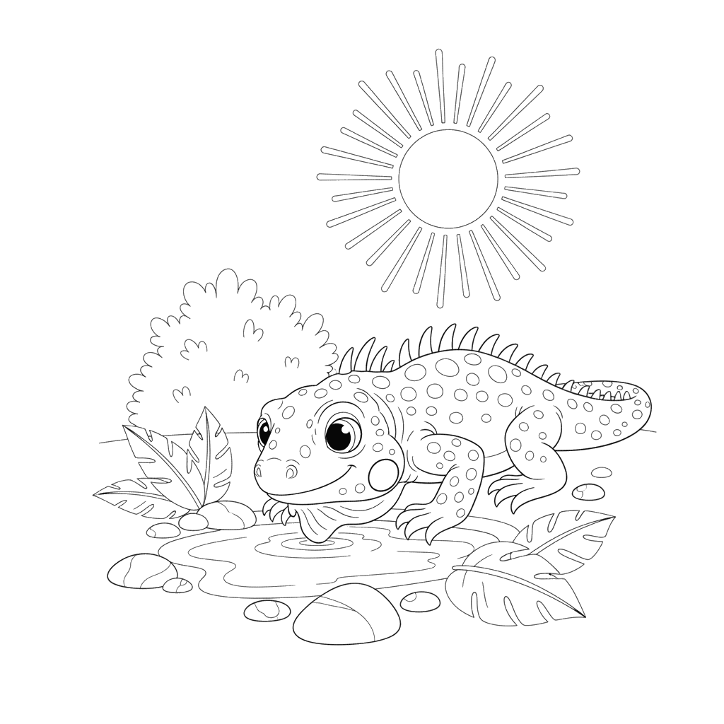 Iguana Drinking from a Puddle Coloring Page