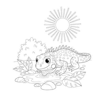 Iguana Drinking from a Puddle Coloring Page