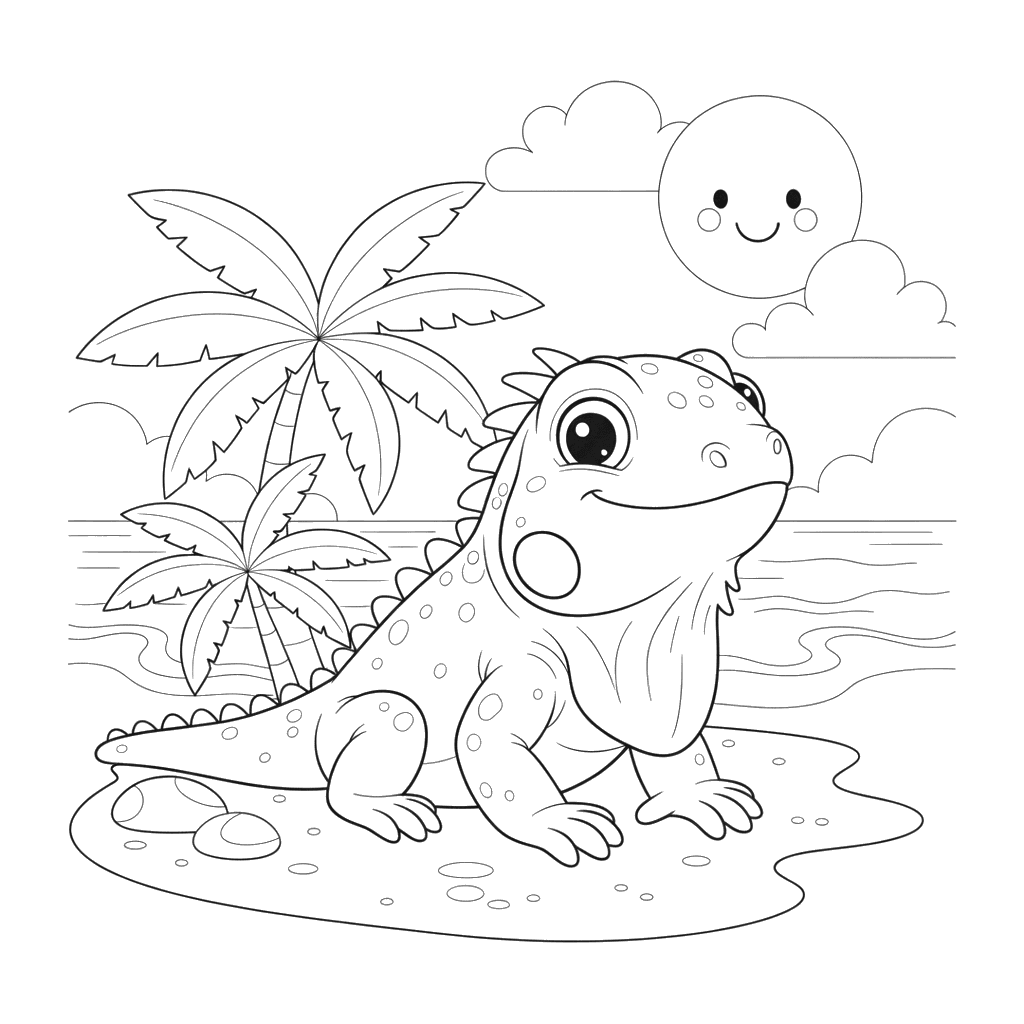 Dibujo para colorear: Iguana en la playa de arena