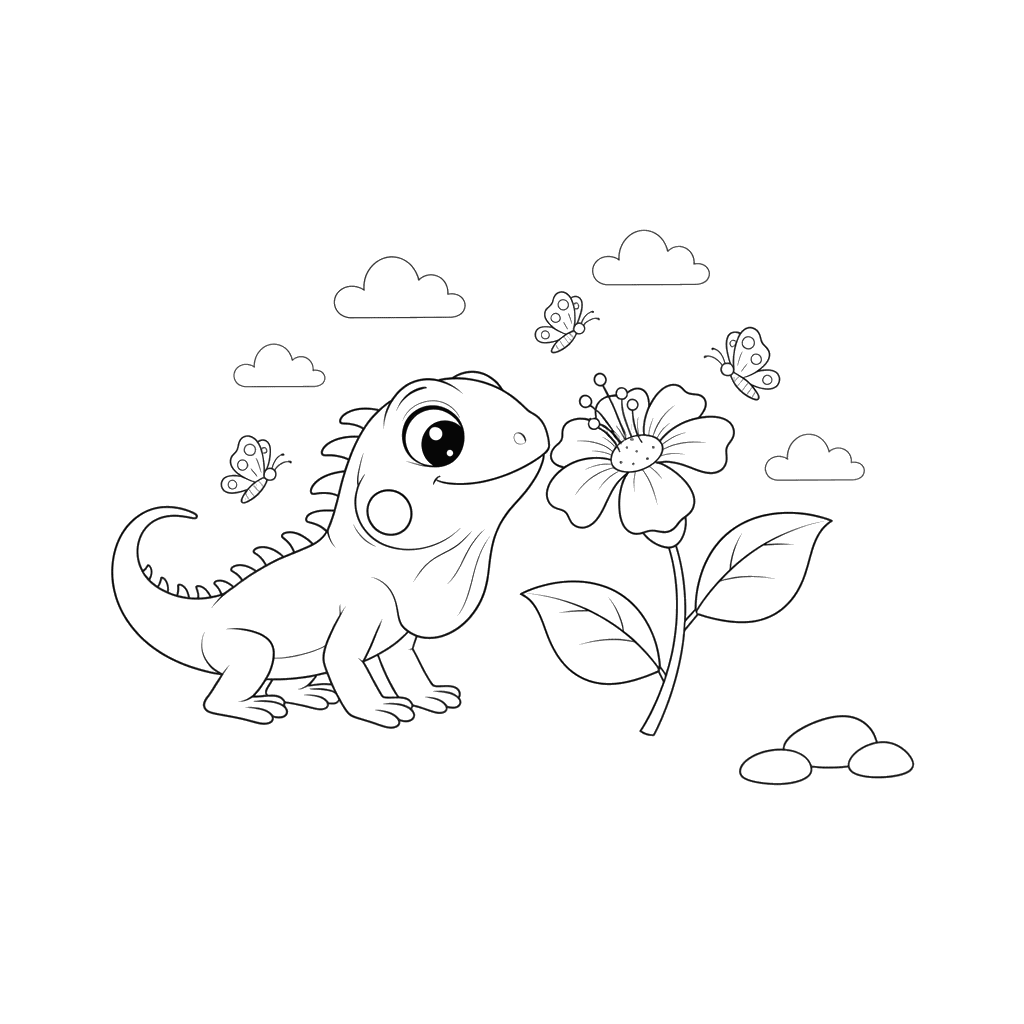 Dibujo para Colorear Iguana Oliendo Flor