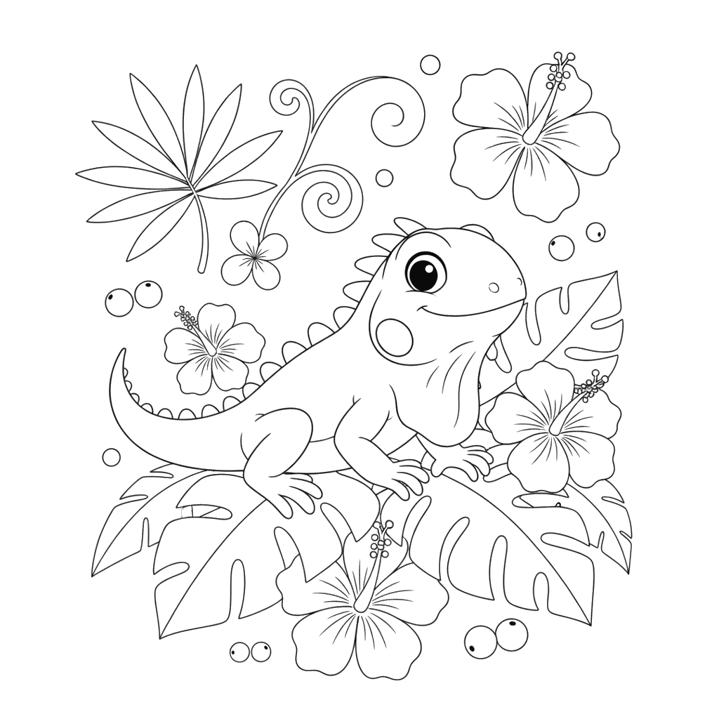 Dibujo para Colorear Iguana y Flores Tropicales