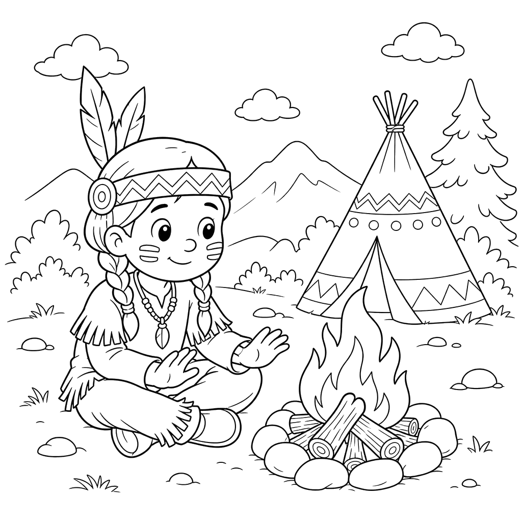 Desenho para colorir: índio perto da fogueira