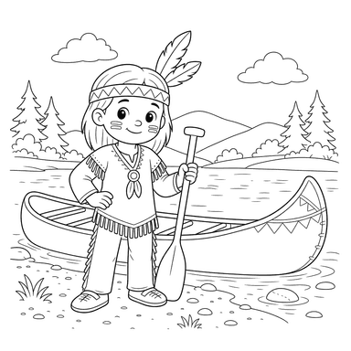 Desenho para colorir: índio em uma canoa no rio