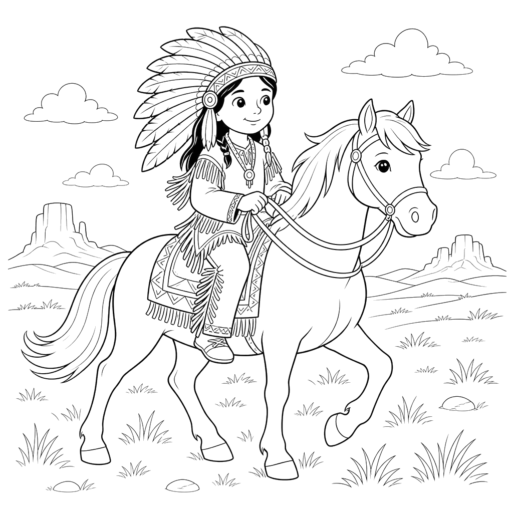 Desenho para colorir: índio a cavalo na pradaria