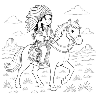 Desenho para colorir: índio a cavalo na pradaria