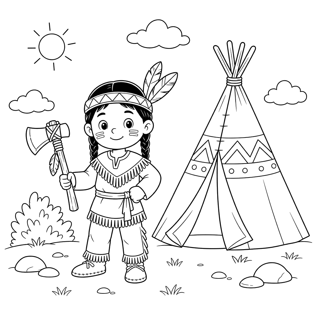 Desenho para colorir: índio com tomahawk perto de um wigwam