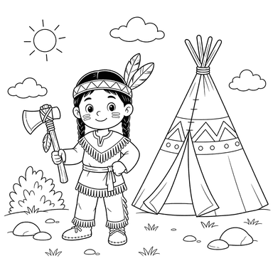 Desenho para colorir: índio com tomahawk perto de um wigwam