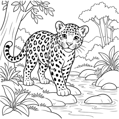 Jaguar am Waldbach Ausmalbild