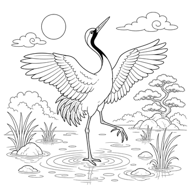 Coloriage Grue du Japon qui danse