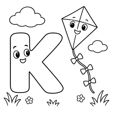 Dibujo para colorear de la letra K y cometa
