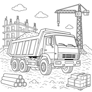 Ausmalbild: KamAZ‑Lkw auf der Baustelle