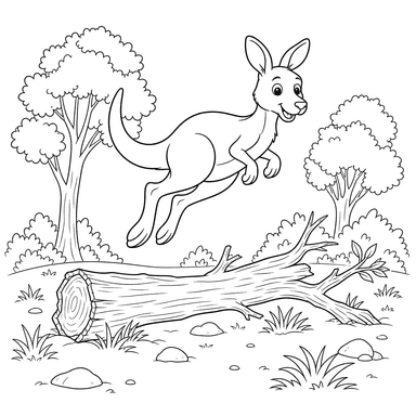 Ausmalbild Känguru springt über Baumstamm