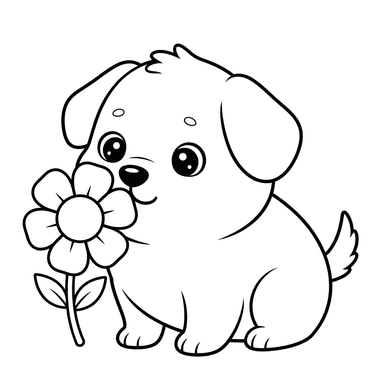 Coloriage Chien Kawaii Reniflant une Fleur