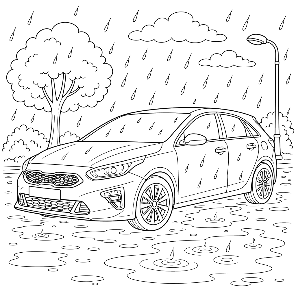 Desenho de Kia Ceed Hatchback na Chuva para Colorir
