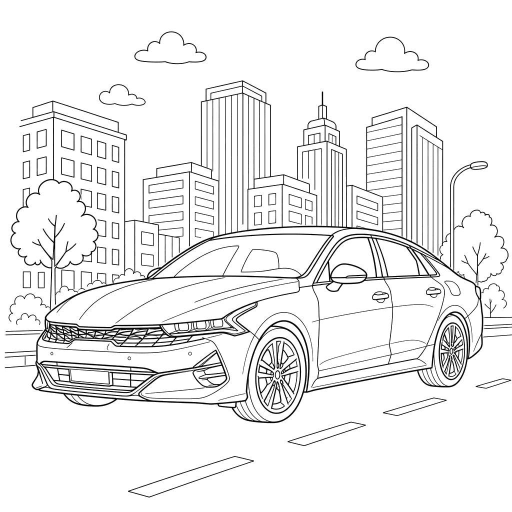 Desenho de Sedan Kia K5 na Cidade para Colorir