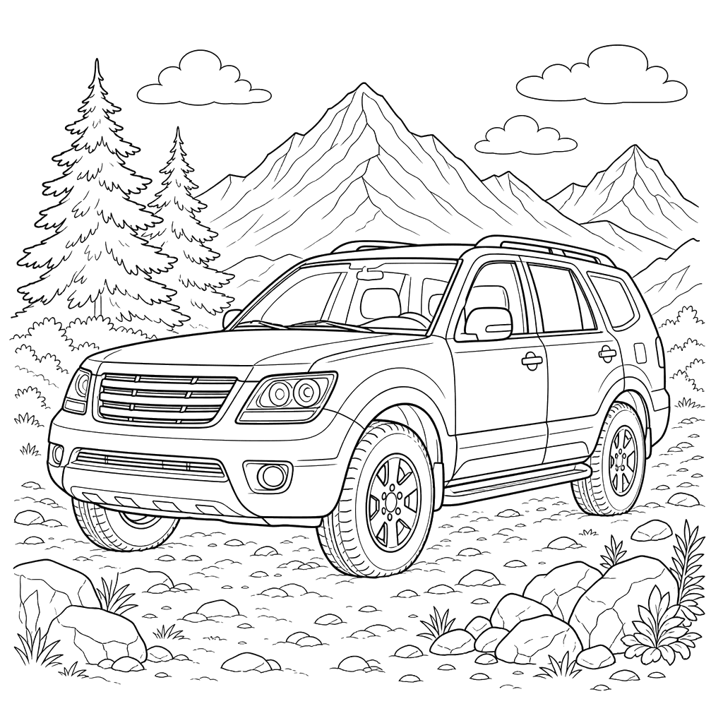 Desenho para colorir de SUV Kia Mohave nas montanhas