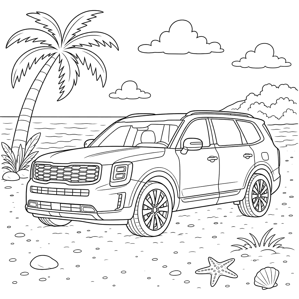 Desenho para colorir de SUV Kia Telluride na praia