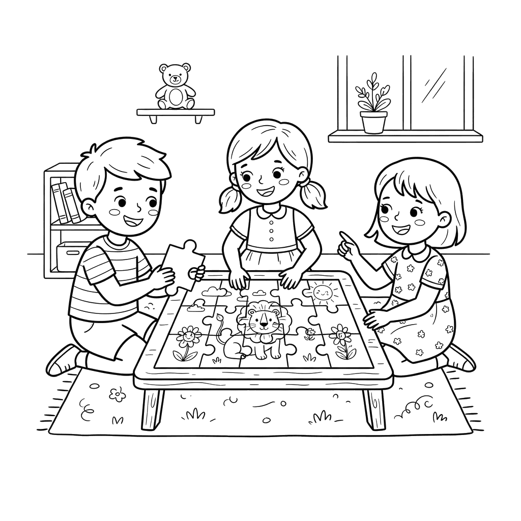 Kids Assembling a Giant Puzzle Coloring Page