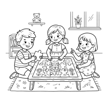 Kinder legen ein großes Puzzle Ausmalbild