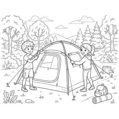 Enfants montant une tente de camping