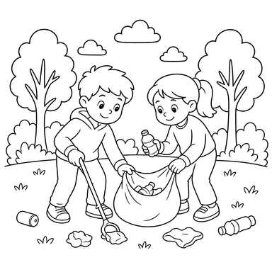 Kinder sammeln Müll im Park — Ausmalbild