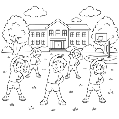 Crianças fazendo exercícios no pátio da escola — desenho para colorir
