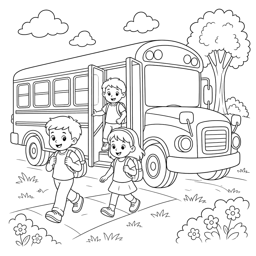 Desenho para colorir: crianças descendo do ônibus escolar